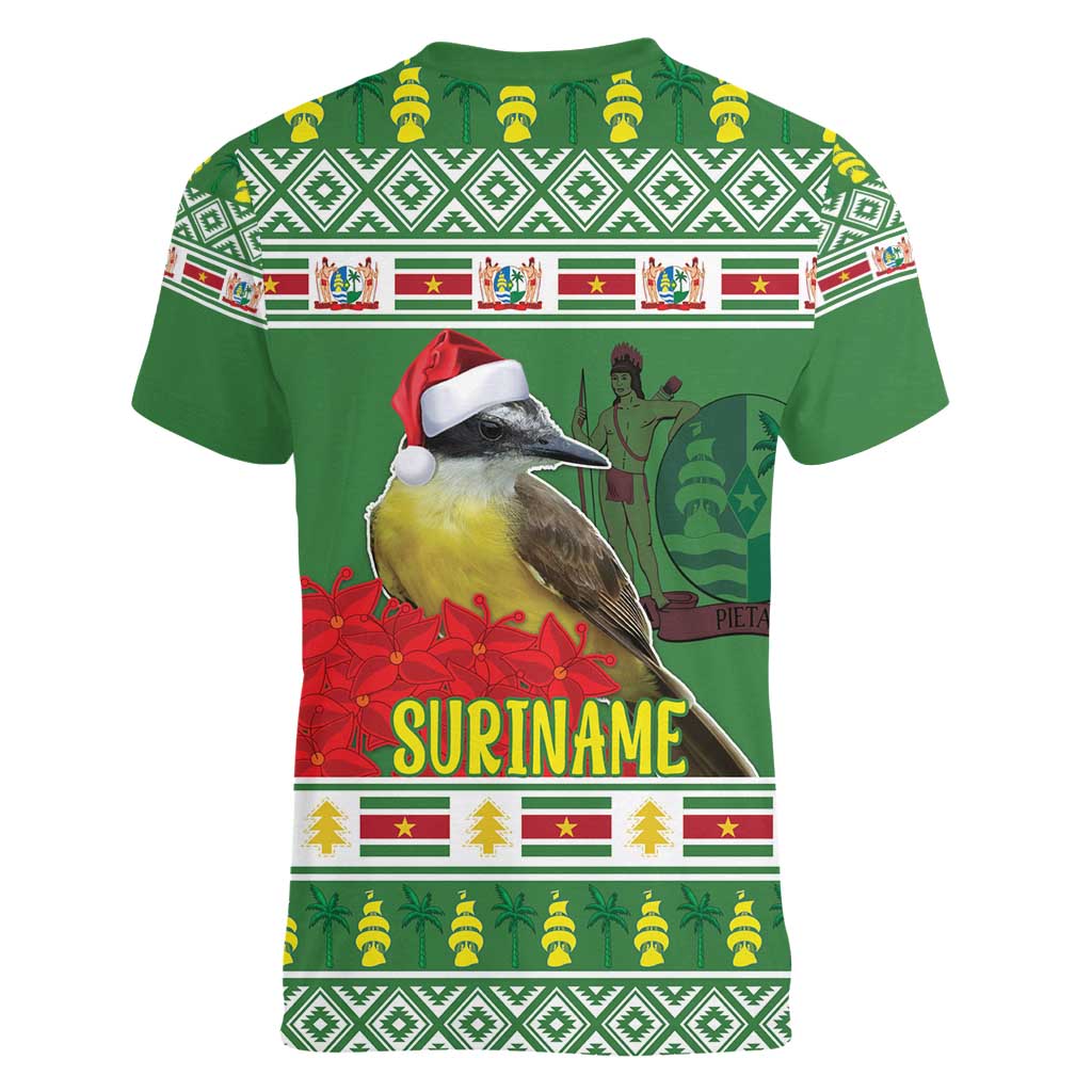 Suriname Christmas Women V-Neck T-Shirt Lesser Kiskadee With White Jungle Geranium - Wonder Print Shop