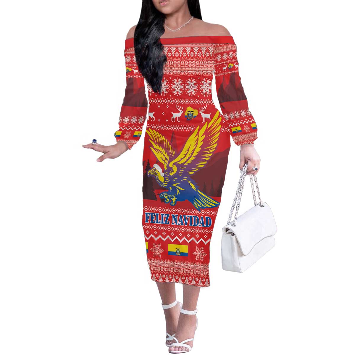 Ecuador Andean Condor Christmas Family Matching Off The Shoulder Long Sleeve Dress and Hawaiian Shirt Dios Patria y Libertad - Wonder Print Shop