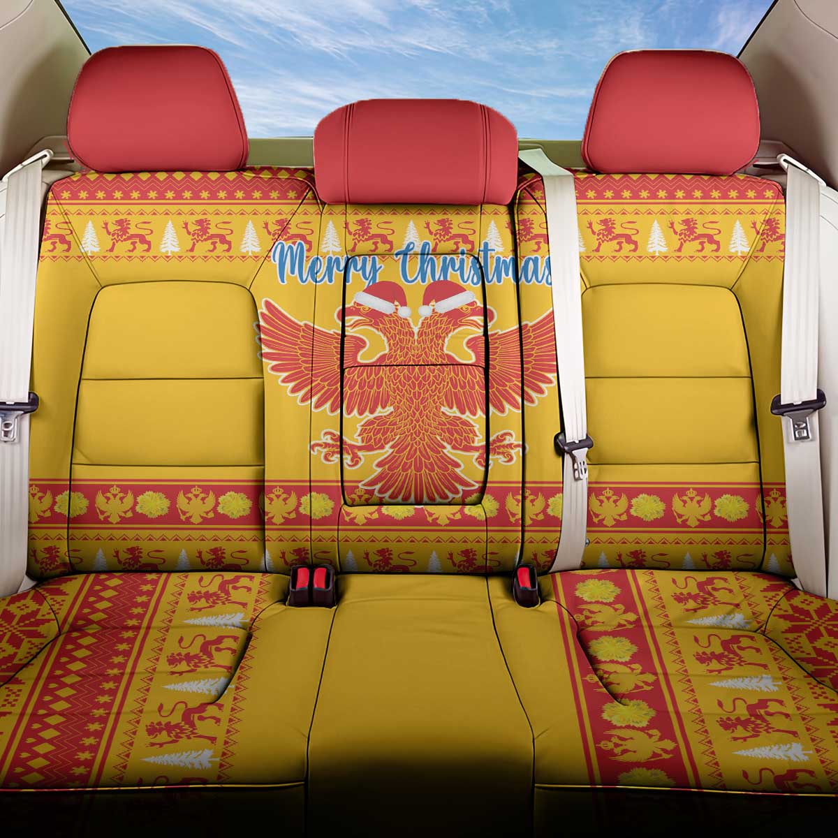 Montenegro Christmas Back Car Seat Cover Double-headed Eagle With Christmas Pattern - Wonder Print Shop