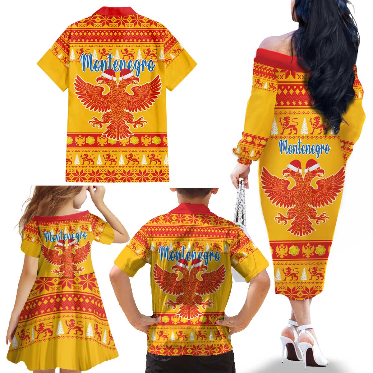 Montenegro Christmas Family Matching Off The Shoulder Long Sleeve Dress and Hawaiian Shirt Double-headed Eagle With Christmas Pattern - Wonder Print Shop