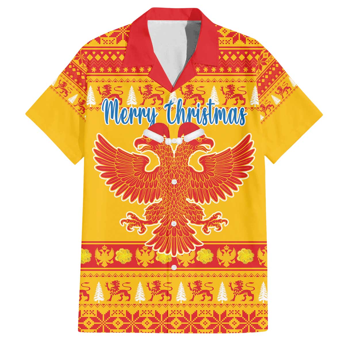 Montenegro Christmas Family Matching Off The Shoulder Long Sleeve Dress and Hawaiian Shirt Double-headed Eagle With Christmas Pattern - Wonder Print Shop