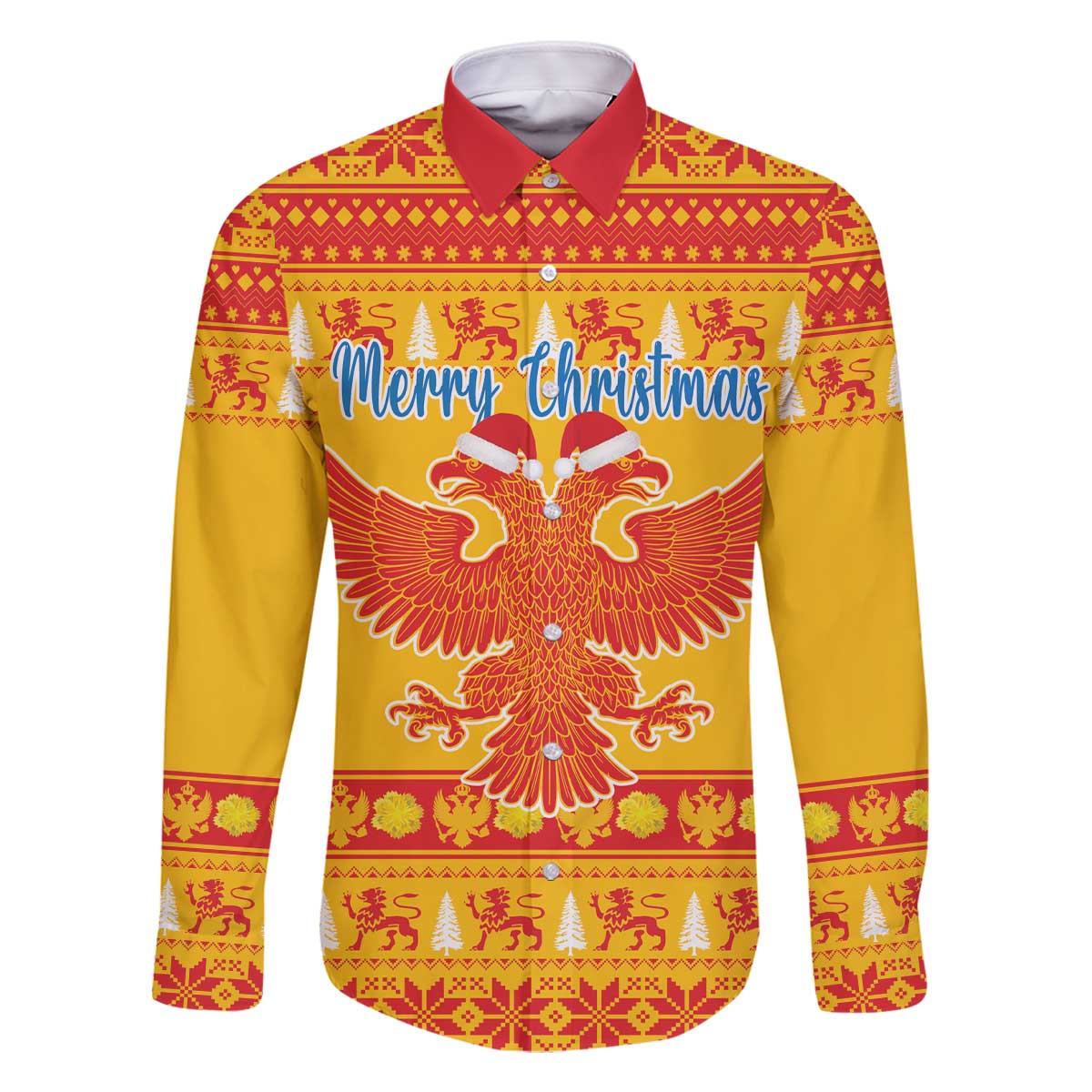 Montenegro Christmas Family Matching Off The Shoulder Long Sleeve Dress and Hawaiian Shirt Double-headed Eagle With Christmas Pattern - Wonder Print Shop