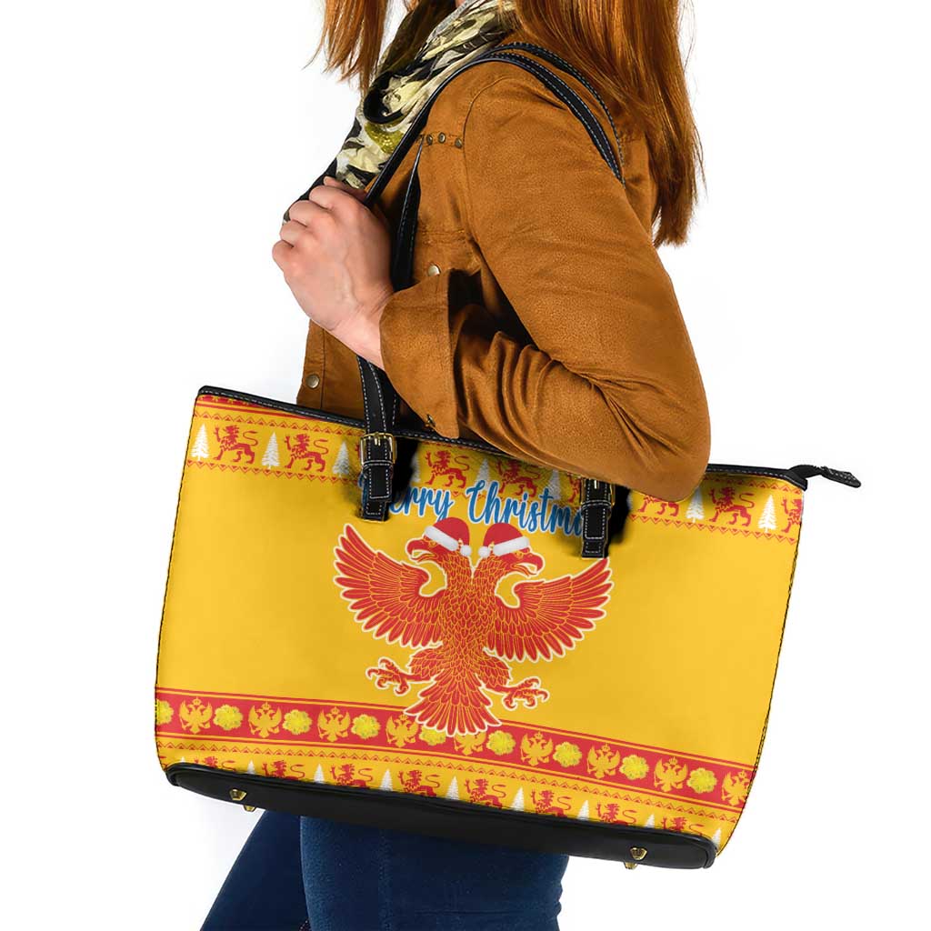 Montenegro Christmas Leather Tote Bag Double-headed Eagle With Christmas Pattern - Wonder Print Shop
