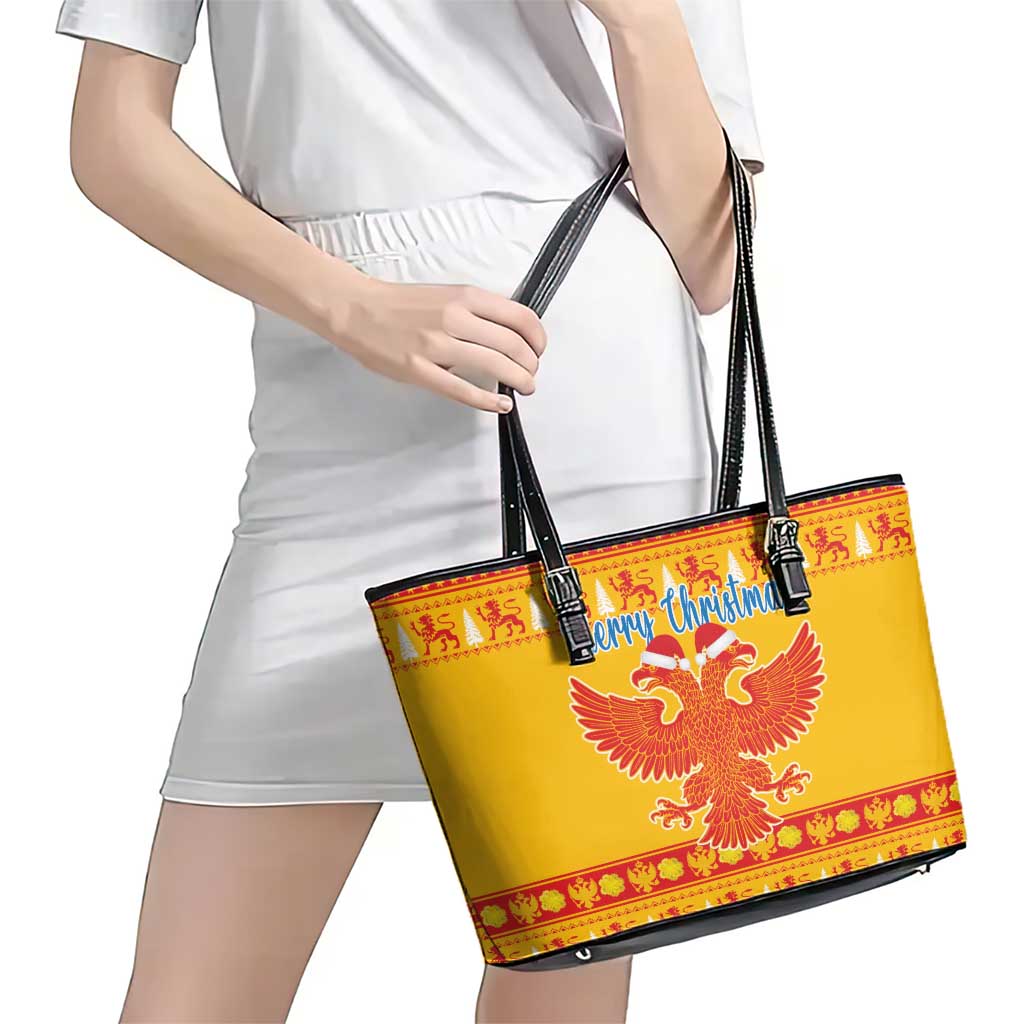 Montenegro Christmas Leather Tote Bag Double-headed Eagle With Christmas Pattern - Wonder Print Shop
