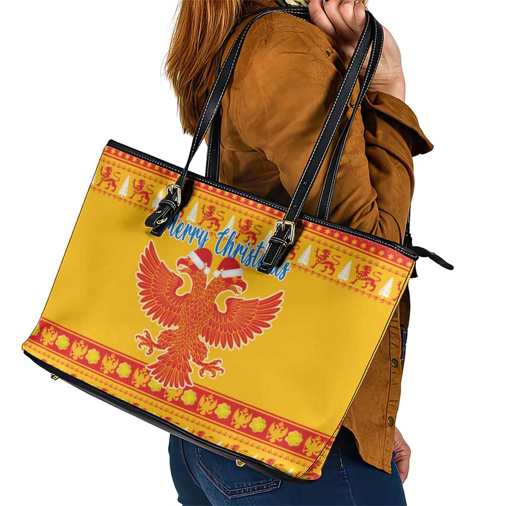 Montenegro Christmas Leather Tote Bag Double-headed Eagle With Christmas Pattern - Wonder Print Shop