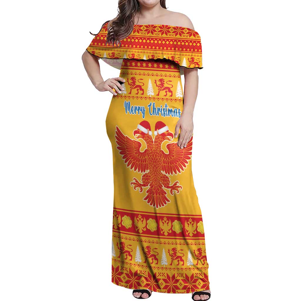 Montenegro Christmas Off Shoulder Maxi Dress Double-headed Eagle With Christmas Pattern - Wonder Print Shop