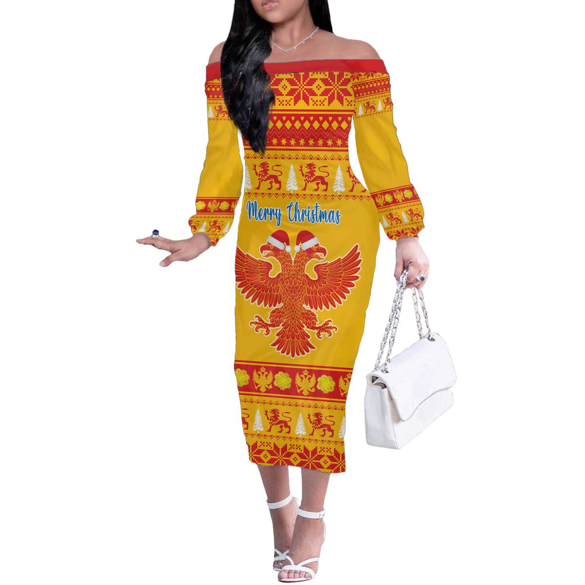 Montenegro Christmas Off The Shoulder Long Sleeve Dress Double-headed Eagle With Christmas Pattern - Wonder Print Shop