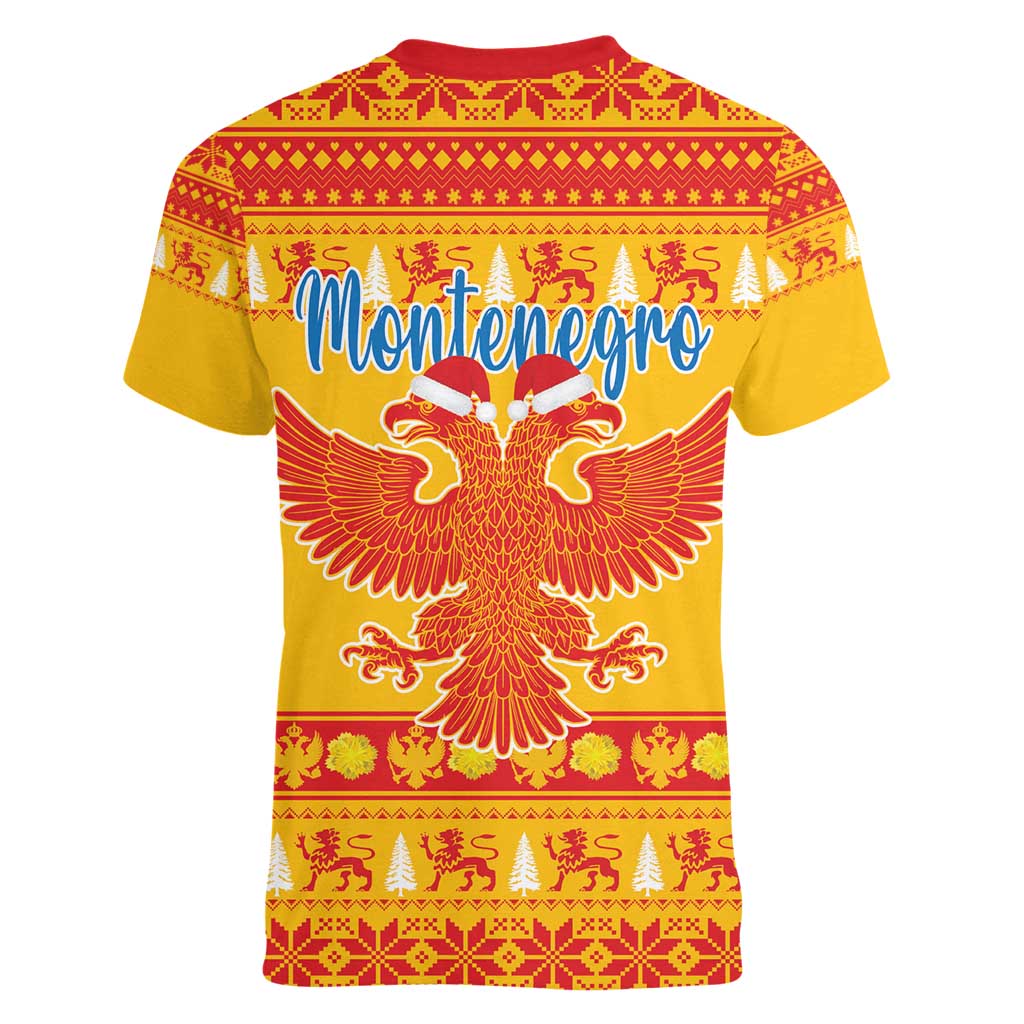 Montenegro Christmas Women V-Neck T-Shirt Double-headed Eagle With Christmas Pattern - Wonder Print Shop
