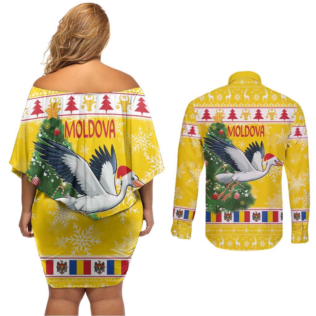 Moldova Christmas Couples Matching Off Shoulder Short Dress and Long Sleeve Button Shirt White Stork Santa With Christmas Tree - Wonder Print Shop