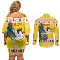 Moldova Christmas Couples Matching Off Shoulder Short Dress and Long Sleeve Button Shirt White Stork Santa With Christmas Tree - Wonder Print Shop
