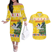 Moldova Christmas Couples Matching Off The Shoulder Long Sleeve Dress and Hawaiian Shirt White Stork Santa With Christmas Tree - Wonder Print Shop