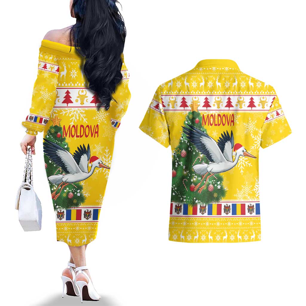 Moldova Christmas Couples Matching Off The Shoulder Long Sleeve Dress and Hawaiian Shirt White Stork Santa With Christmas Tree - Wonder Print Shop