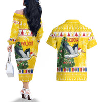 Moldova Christmas Couples Matching Off The Shoulder Long Sleeve Dress and Hawaiian Shirt White Stork Santa With Christmas Tree - Wonder Print Shop