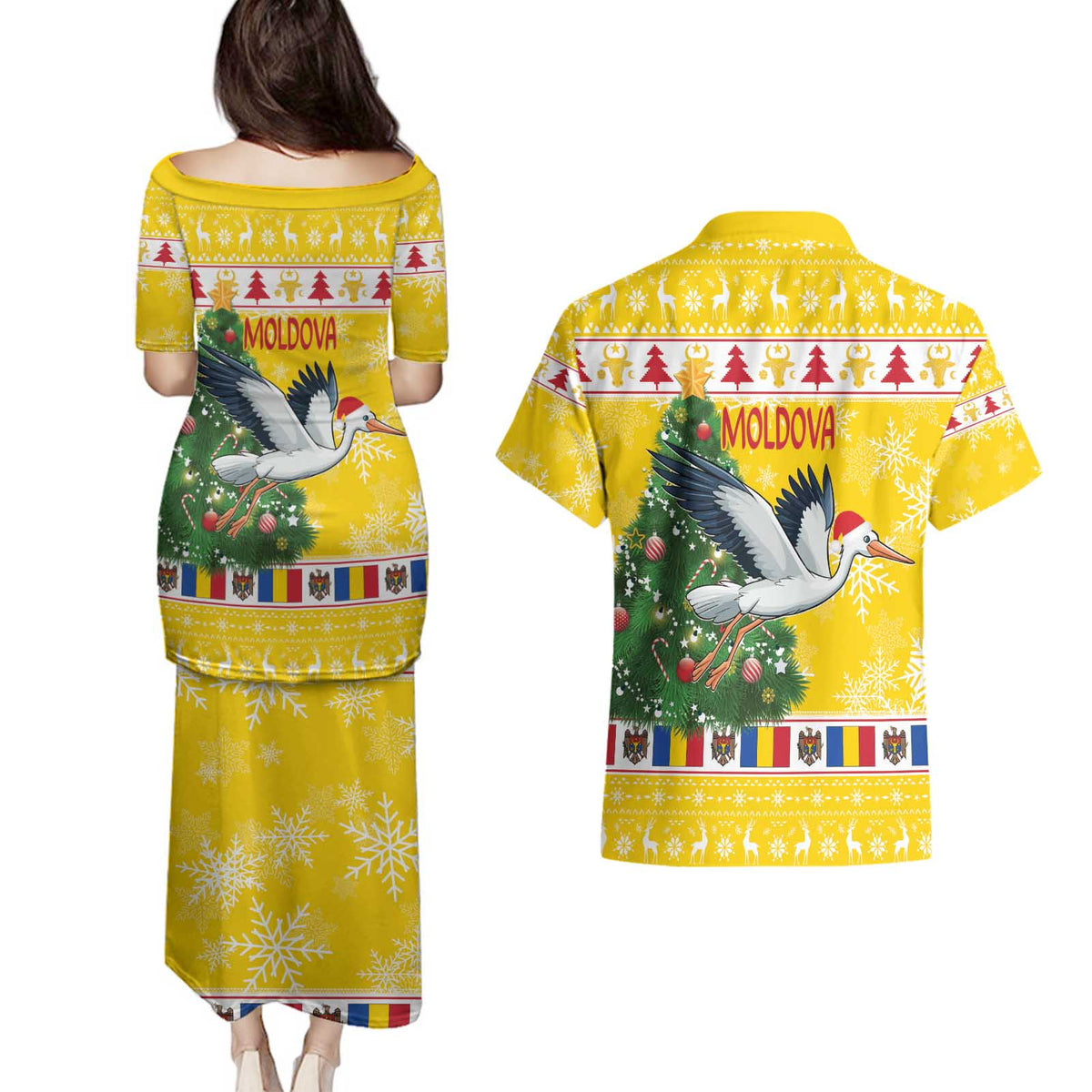 Moldova Christmas Couples Matching Puletasi and Hawaiian Shirt White Stork Santa With Christmas Tree - Wonder Print Shop