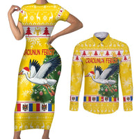 Moldova Christmas Couples Matching Short Sleeve Bodycon Dress and Long Sleeve Button Shirt White Stork Santa With Christmas Tree - Wonder Print Shop