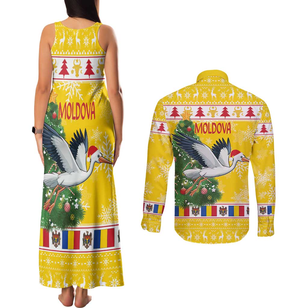Moldova Christmas Couples Matching Tank Maxi Dress and Long Sleeve Button Shirt White Stork Santa With Christmas Tree - Wonder Print Shop