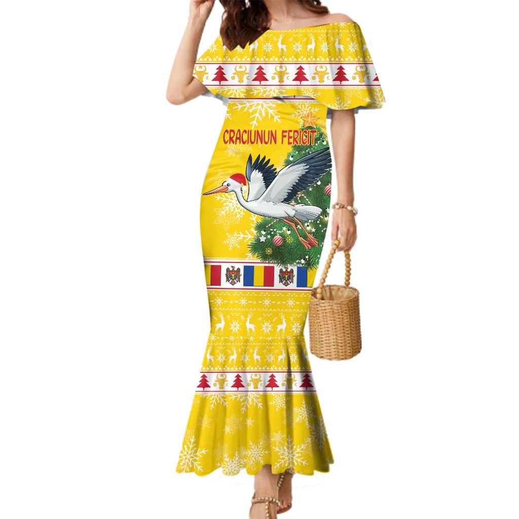 Moldova Christmas Family Matching Mermaid Dress and Hawaiian Shirt White Stork Santa With Christmas Tree - Wonder Print Shop