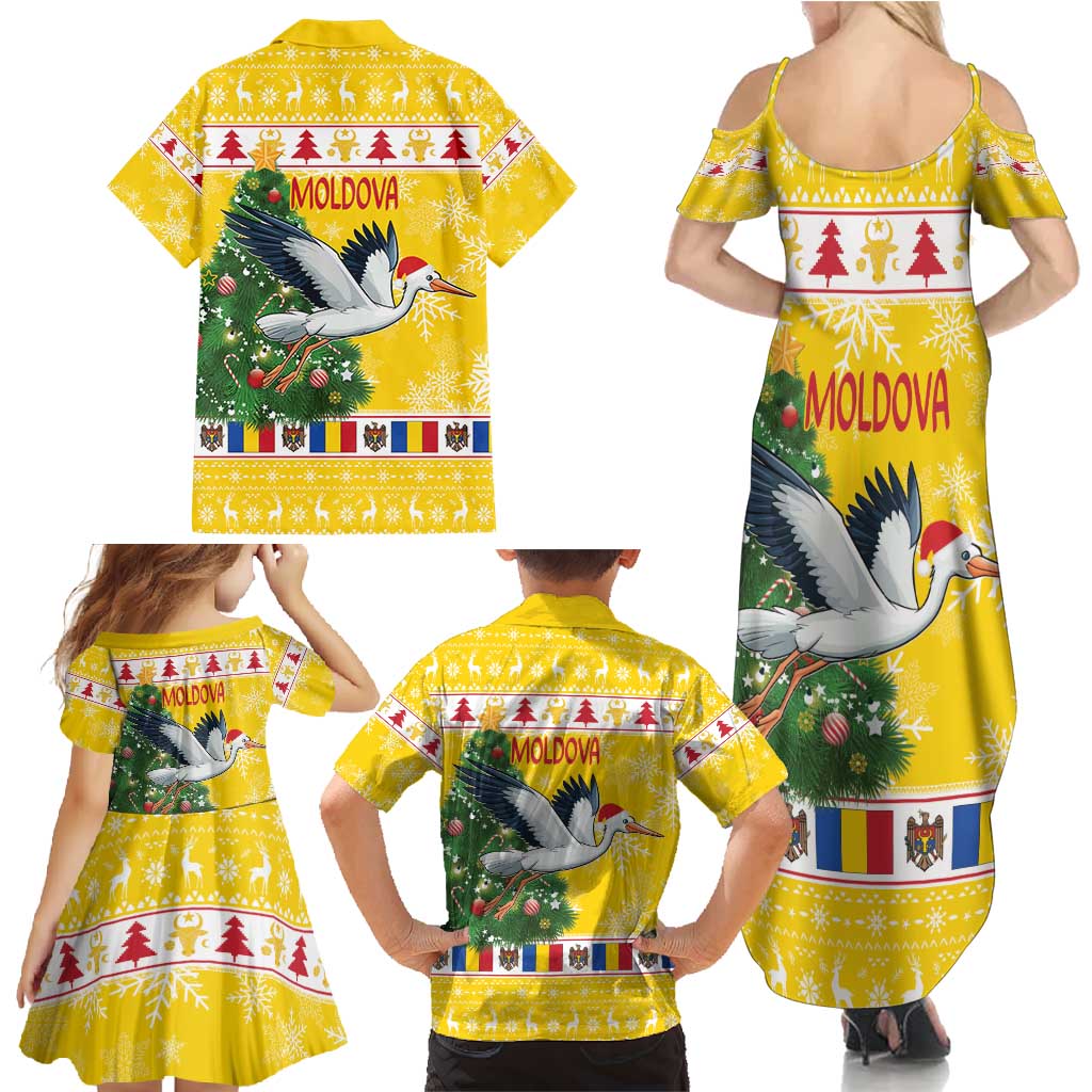 Moldova Christmas Family Matching Summer Maxi Dress and Hawaiian Shirt White Stork Santa With Christmas Tree - Wonder Print Shop