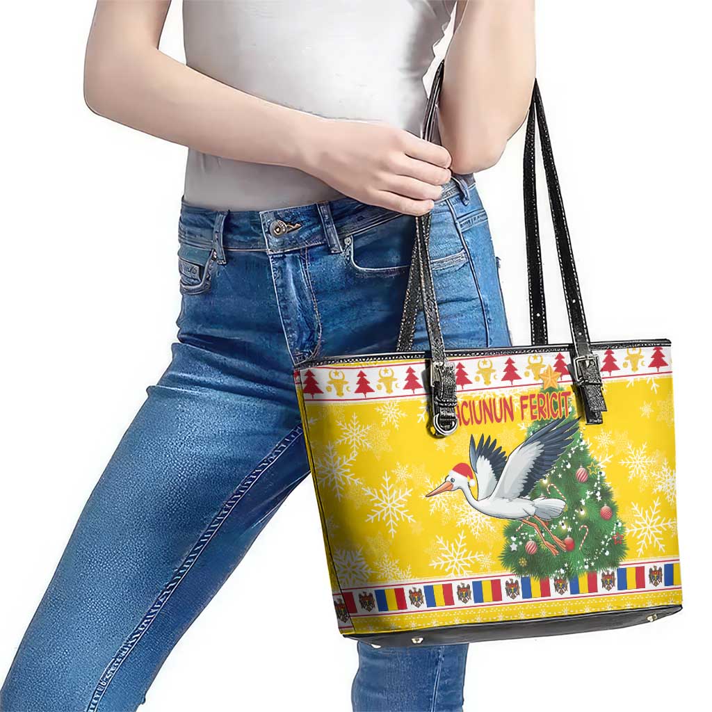 Moldova Christmas Leather Tote Bag White Stork Santa With Christmas Tree - Wonder Print Shop