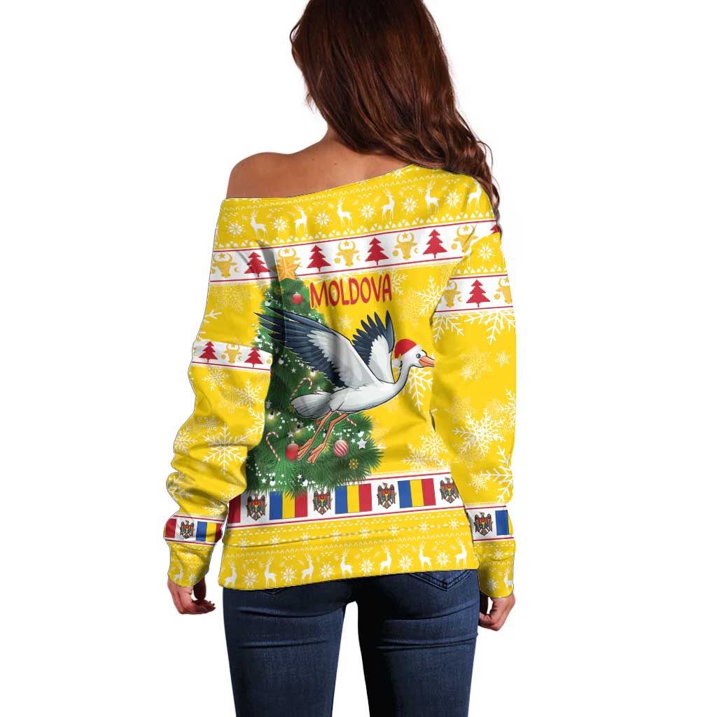 Moldova Christmas Off Shoulder Sweater White Stork Santa With Christmas Tree - Wonder Print Shop