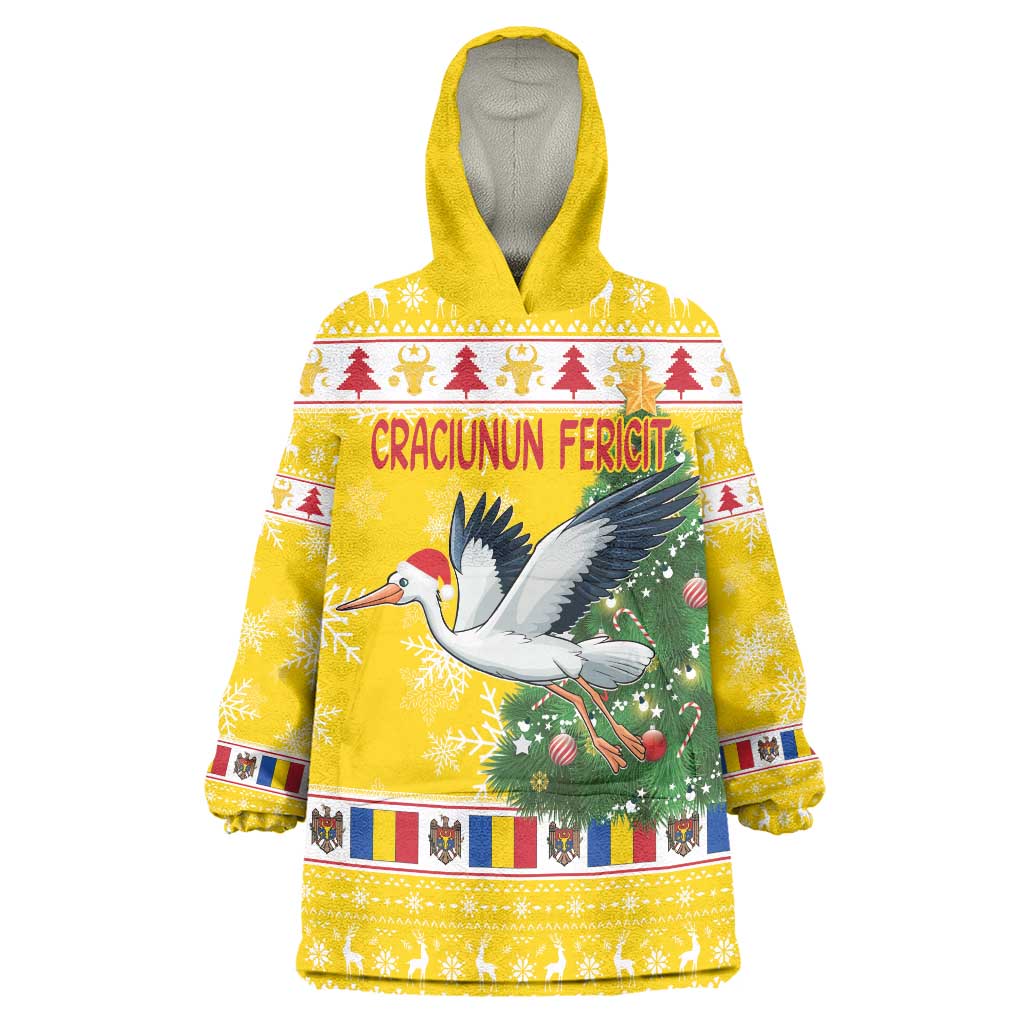 Moldova Christmas Wearable Blanket Hoodie White Stork Santa With Christmas Tree - Wonder Print Shop
