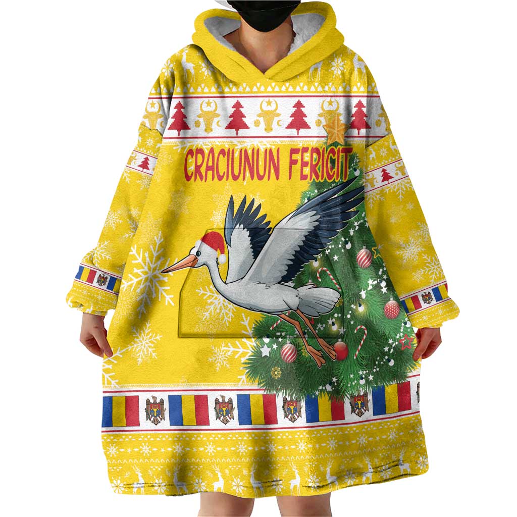 Moldova Christmas Wearable Blanket Hoodie White Stork Santa With Christmas Tree - Wonder Print Shop