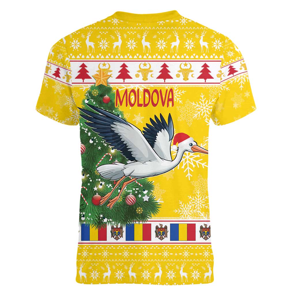 Moldova Christmas Women V-Neck T-Shirt White Stork Santa With Christmas Tree - Wonder Print Shop