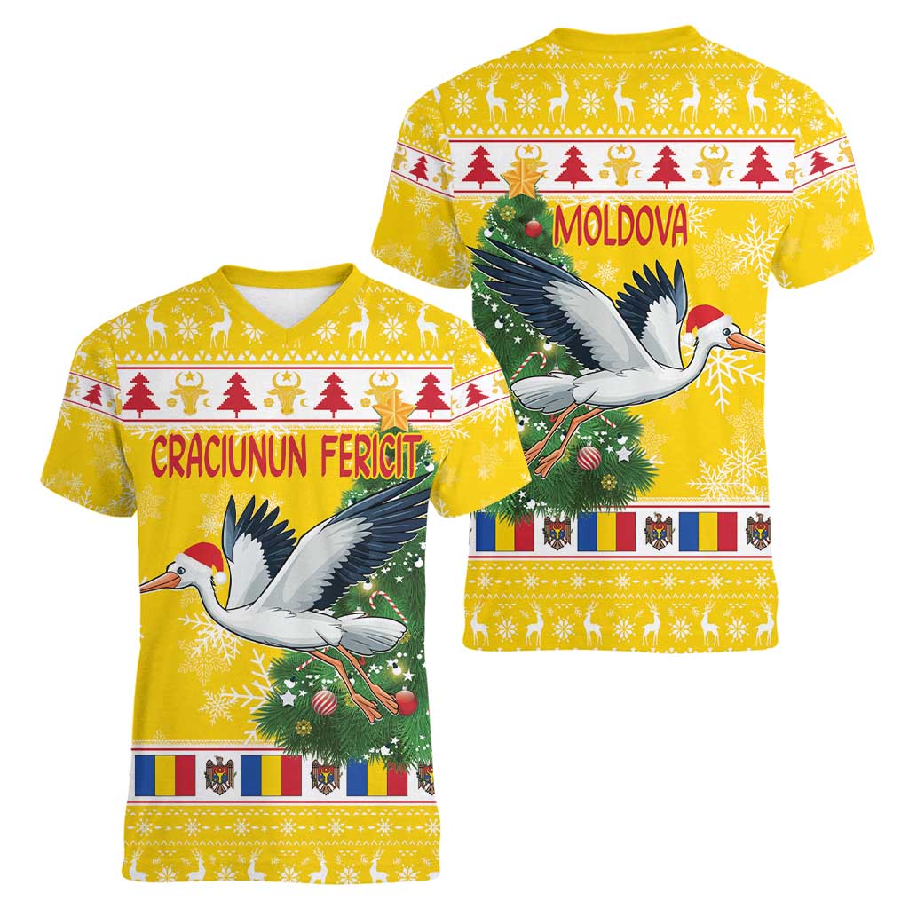Moldova Christmas Women V-Neck T-Shirt White Stork Santa With Christmas Tree - Wonder Print Shop