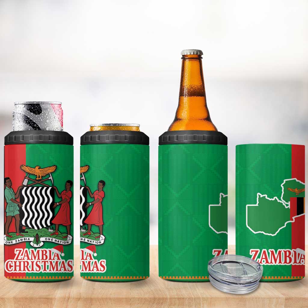 Zambia Christmas 4 in 1 Can Cooler Tumbler One Zambia One Nation With Kente Pattern - Wonder Print Shop