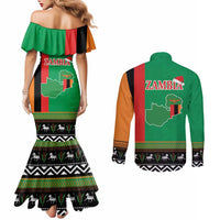 Zambia Christmas Couples Matching Mermaid Dress and Long Sleeve Button Shirt One Zambia One Nation With Kente Pattern