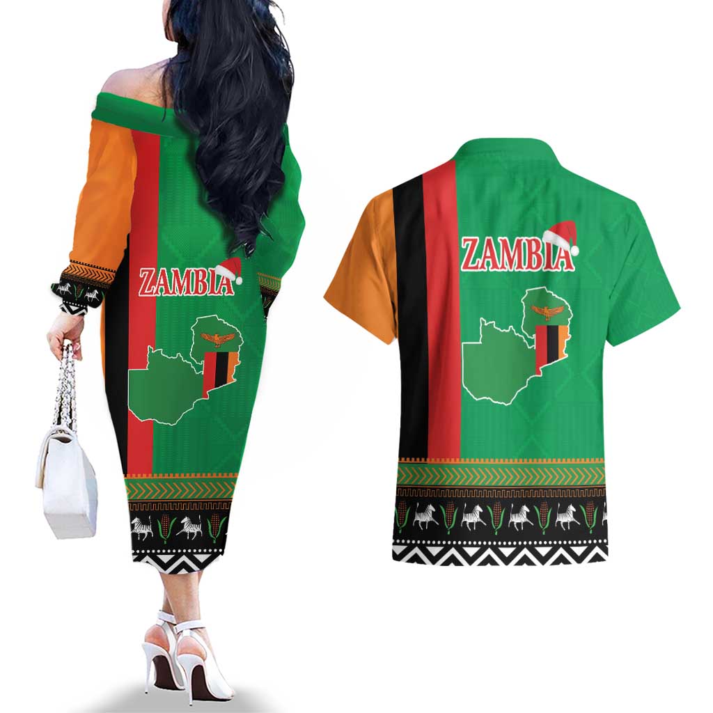 Zambia Christmas Couples Matching Off The Shoulder Long Sleeve Dress and Hawaiian Shirt One Zambia One Nation With Kente Pattern - Wonder Print Shop