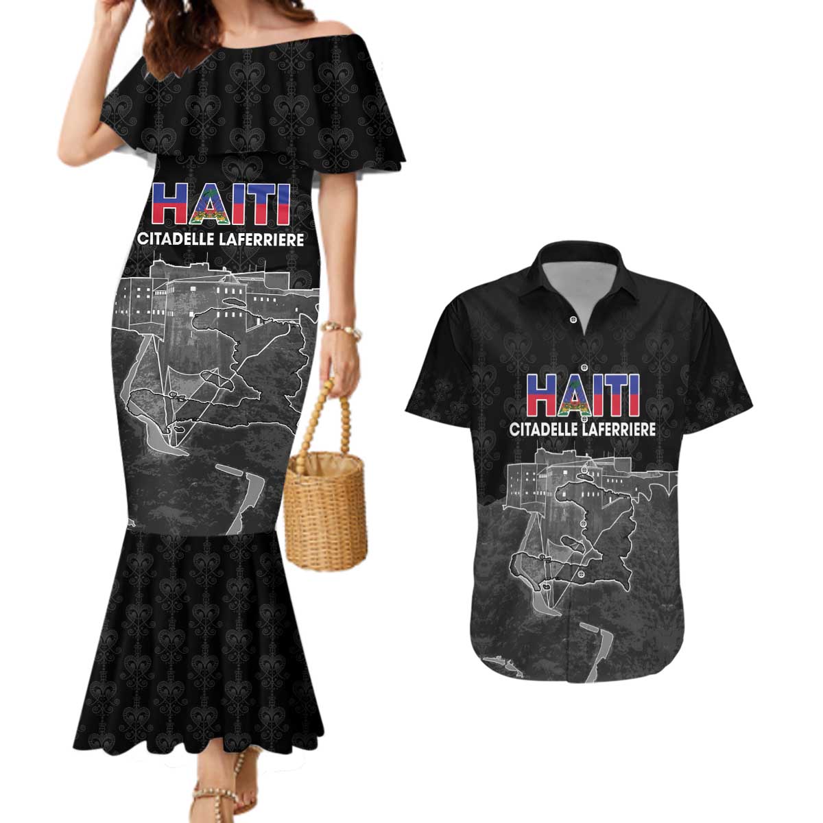 Haiti Citadelle Laferriere Personalized Couples Matching Mermaid Dress and Hawaiian Shirt Haitian Heritage Veve Vodou - Wonder Print Shop