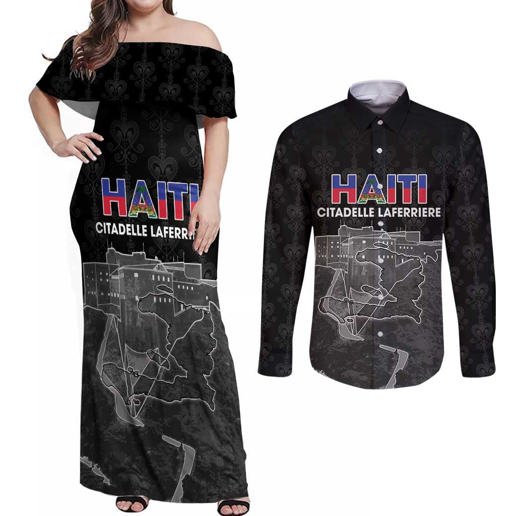 Haiti Citadelle Laferriere Personalized Couples Matching Off Shoulder Maxi Dress and Long Sleeve Button Shirt Haitian Heritage Veve Vodou - Wonder Print Shop
