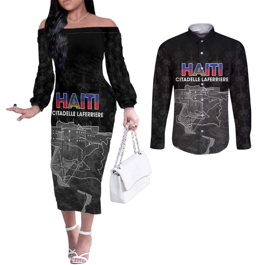 Haiti Citadelle Laferriere Personalized Couples Matching Off The Shoulder Long Sleeve Dress and Long Sleeve Button Shirt Haitian Heritage Veve Vodou - Wonder Print Shop