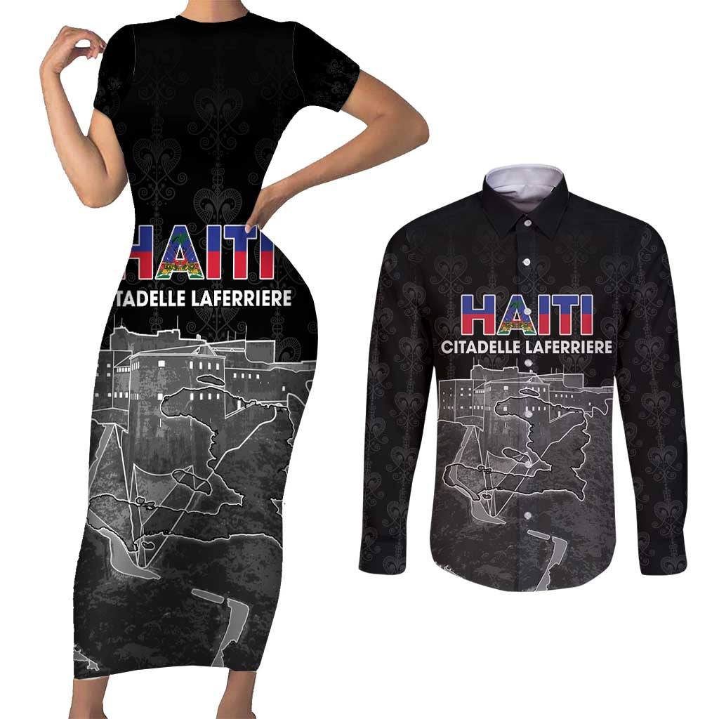 Haiti Citadelle Laferriere Personalized Couples Matching Short Sleeve Bodycon Dress and Long Sleeve Button Shirt Haitian Heritage Veve Vodou - Wonder Print Shop