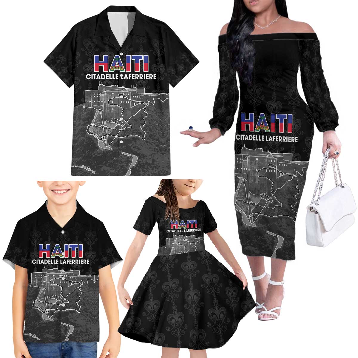 Haiti Citadelle Laferriere Personalized Family Matching Off The Shoulder Long Sleeve Dress and Hawaiian Shirt Haitian Heritage Veve Vodou - Wonder Print Shop