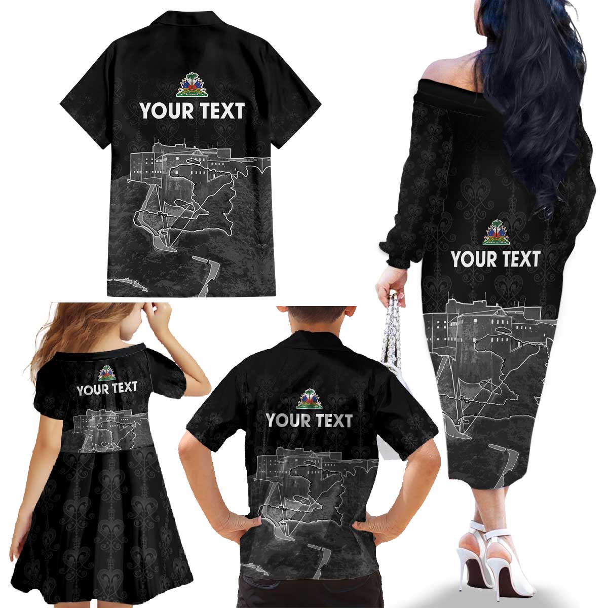 Haiti Citadelle Laferriere Personalized Family Matching Off The Shoulder Long Sleeve Dress and Hawaiian Shirt Haitian Heritage Veve Vodou - Wonder Print Shop
