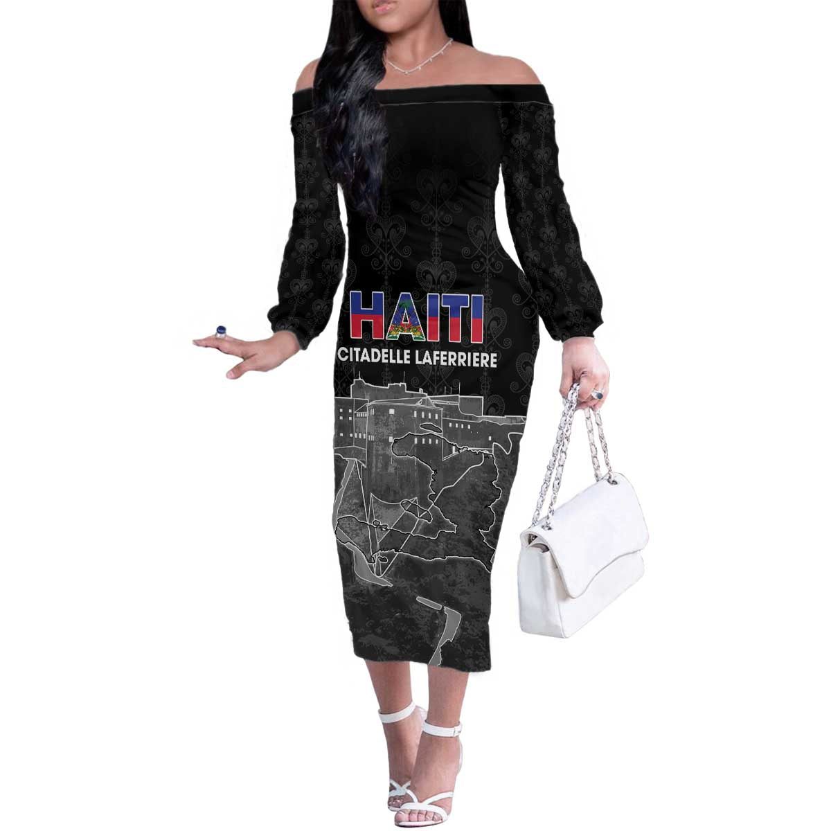 Haiti Citadelle Laferriere Personalized Family Matching Off The Shoulder Long Sleeve Dress and Hawaiian Shirt Haitian Heritage Veve Vodou - Wonder Print Shop
