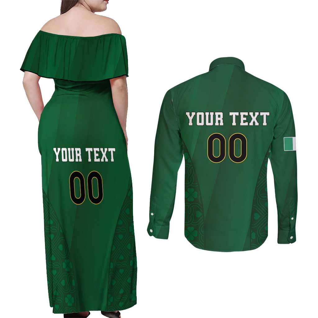 Custom Ireland Rugby Couples Matching Off Shoulder Maxi Dress and Long Sleeve Button Shirt Shamrock With Ireland Flag Colors