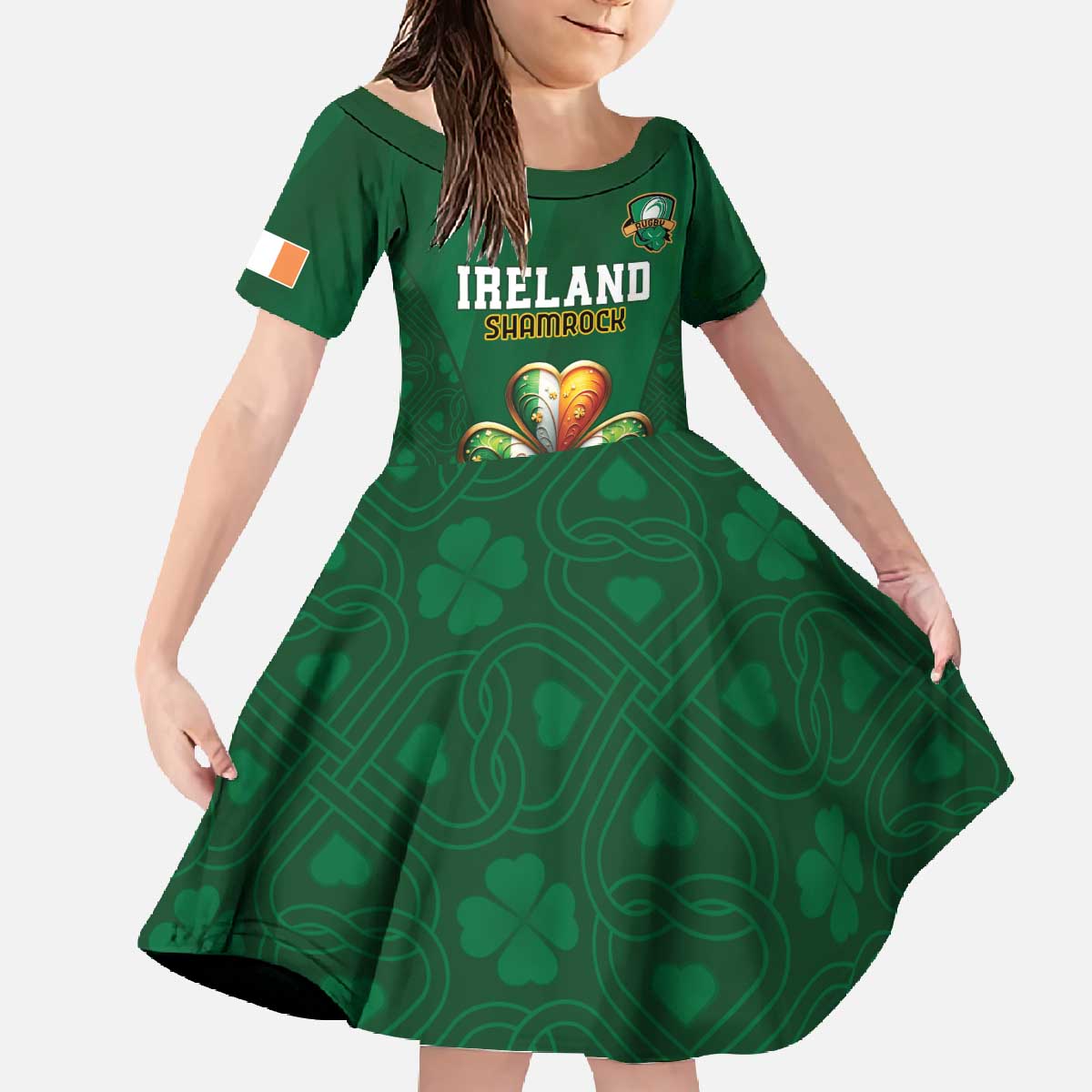 Custom Ireland Rugby Family Matching Off The Shoulder Long Sleeve Dress and Hawaiian Shirt Shamrock With Ireland Flag Colors