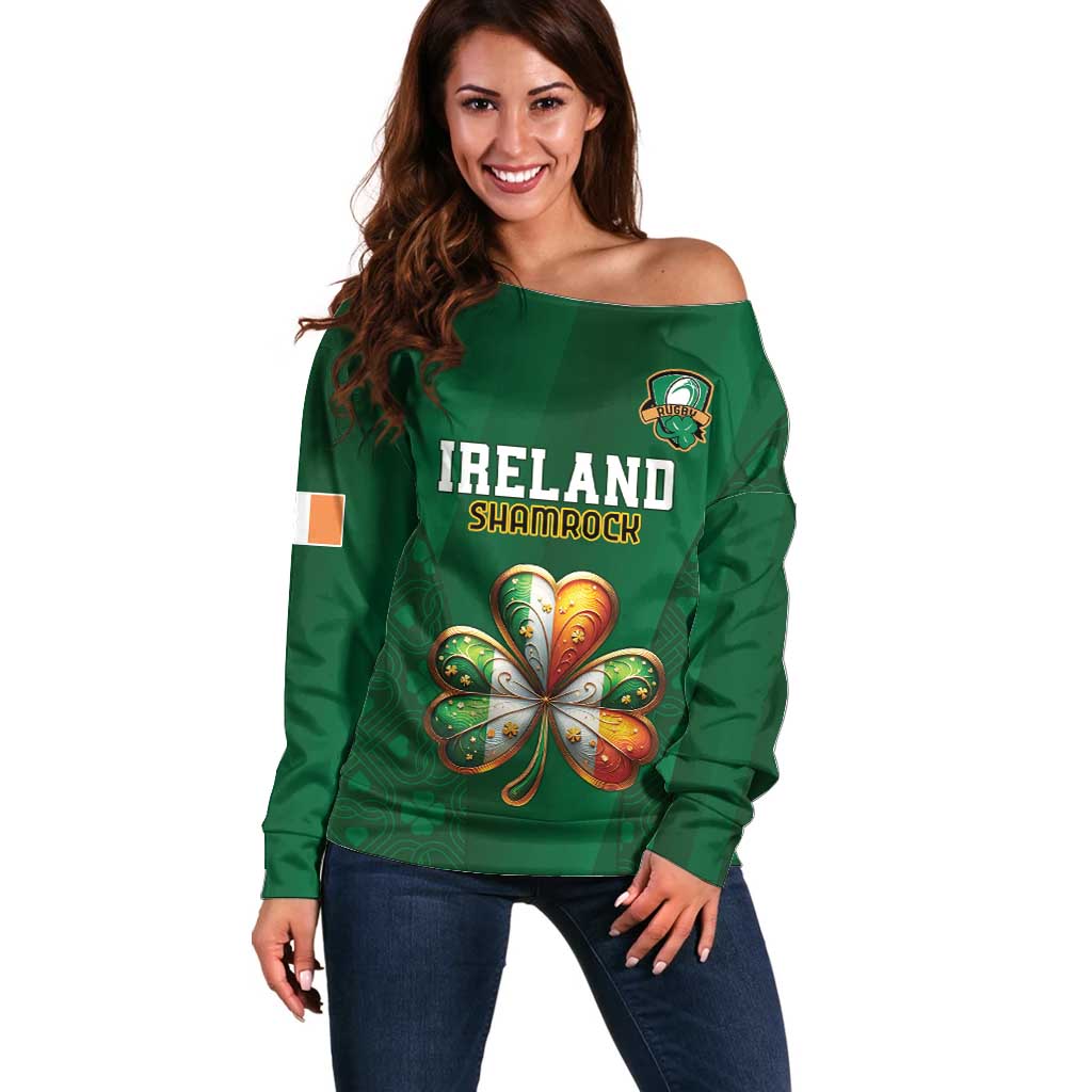 Custom Ireland Rugby Off Shoulder Sweater Shamrock With Ireland Flag Colors - Wonder Print Shop