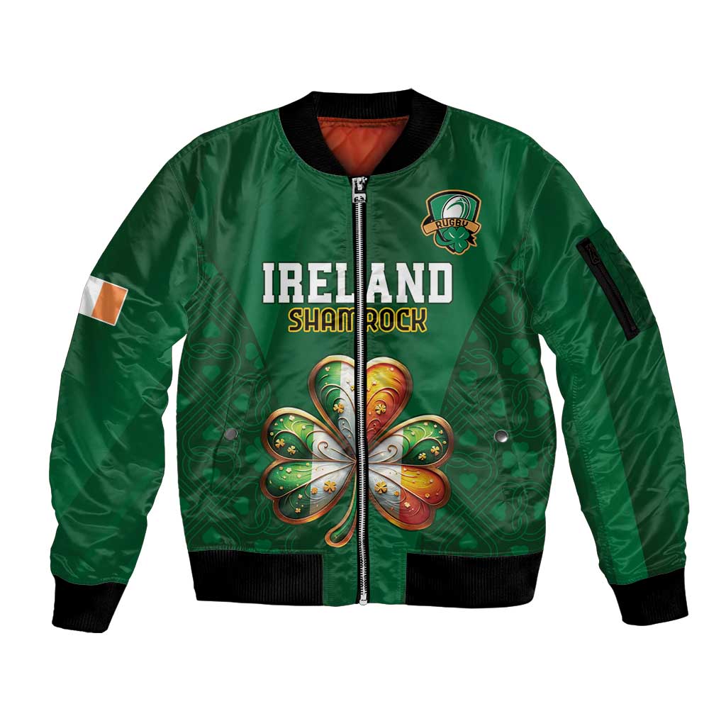 Custom Ireland Rugby Sleeve Zip Bomber Jacket Shamrock With Ireland Flag Colors - Wonder Print Shop