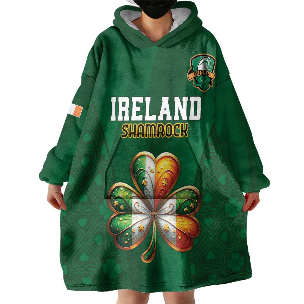 Custom Ireland Rugby Wearable Blanket Hoodie Shamrock With Ireland Flag Colors - Wonder Print Shop