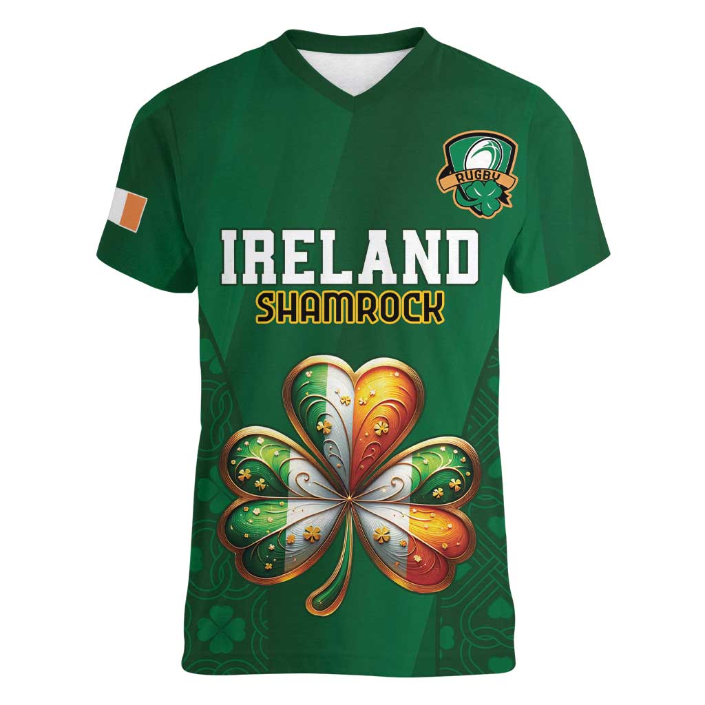 Custom Ireland Rugby Women V-Neck T-Shirt Shamrock With Ireland Flag Colors - Wonder Print Shop