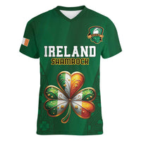 Custom Ireland Rugby Women V-Neck T-Shirt Shamrock With Ireland Flag Colors - Wonder Print Shop