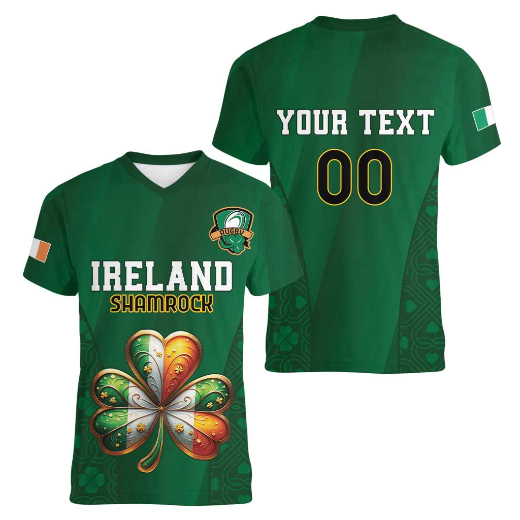 Custom Ireland Rugby Women V-Neck T-Shirt Shamrock With Ireland Flag Colors - Wonder Print Shop