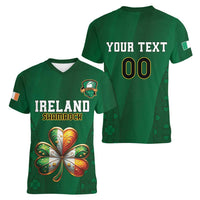 Custom Ireland Rugby Women V-Neck T-Shirt Shamrock With Ireland Flag Colors - Wonder Print Shop