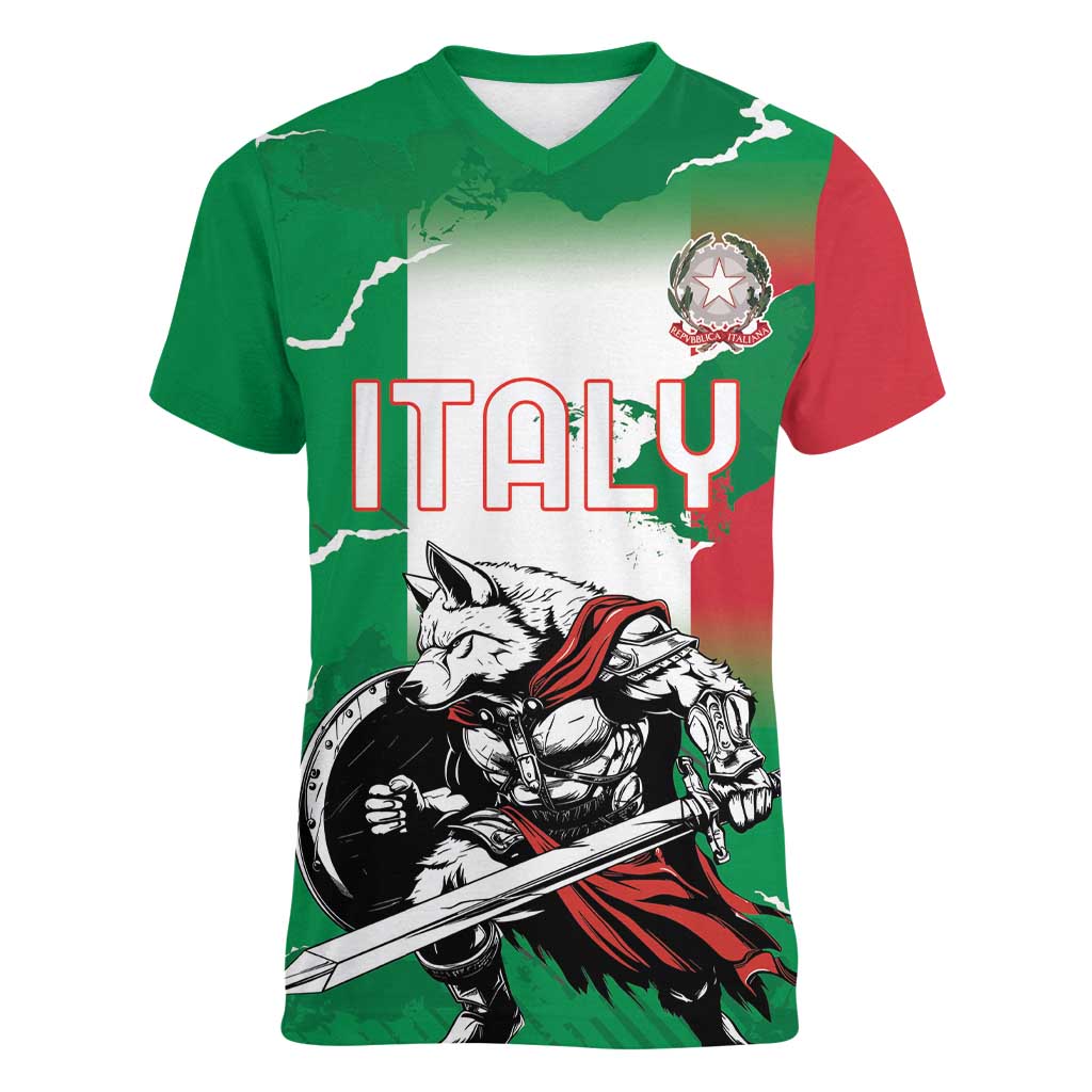 Personalized Italy Women V-Neck T-Shirt Wolf Warrior Grunge Style - Wonder Print Shop