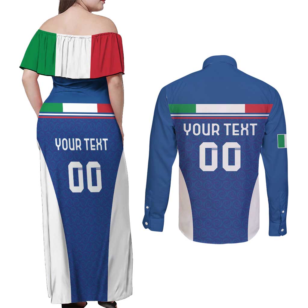Custom Italy Football Couples Matching Off Shoulder Maxi Dress and Long Sleeve Button Shirt Italy Flag Pattern On Blue