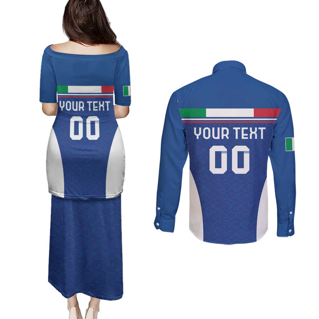 Custom Italy Football Couples Matching Puletasi and Long Sleeve Button Shirt Italy Flag Pattern On Blue